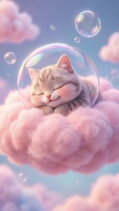 Cute and serene Bubbles sleeping on a fluffy cloud in pastel tones