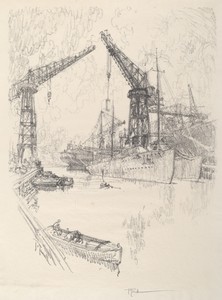 Building Destroyers by Joseph Pennell, created 1917, in lithograph. Download this artwork as a high-resolution wallpaper for desktop, tablet, or mobile. — Joseph Pennell Wallpaper