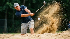 Brendon Todd slår et kraftfuldt slag fra en bunker med flyvende sand.