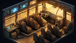 Isometrisk illustrasjon av det koselige interiøret i Limbus Company-bussen.