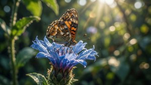 Butterfly on blue flower with sunlight and green leaves in background — Life Is Strange Wallpaper