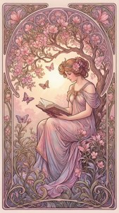 Romantisch Art Nouveau behang met een vrouw die leest onder een boom omringd door vlinders van Giraldon
