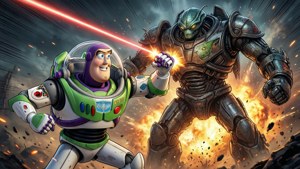 Buzz Lightyear in battle with a giant alien robot.