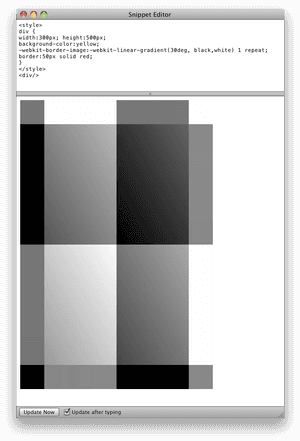 Computer screen showing CSS code for a styled div element with gradient border.