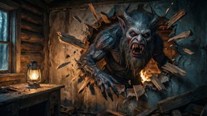 Wendigo bryter igenom väggen i en gammal stuga.