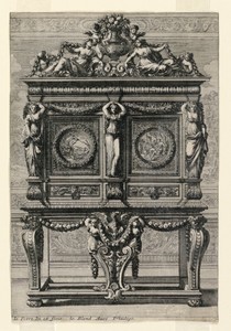 Cabinet by Jean Lepautre, created ca. 1650, in Etching on paper. Download this artwork as a high-resolution wallpaper for desktop, tablet, or mobile. — Art Picture