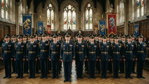 Cadets in formation in a grand hall with dragon banners and stained glass