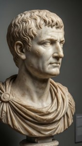 Fotorealistisk museumsbillede af en marmorbuste af Julius Caesar i profil