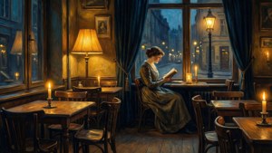 Lesser Ury-inspirert tapet av en nattlig kaféscene med en ensom leser.