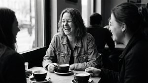 Sort-hvidt ærligt café-øjeblik med venner og naturligt lys
