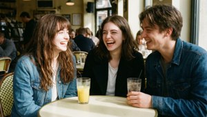 Marinette partage un rire avec Alya et Nino dans un café parisien.
