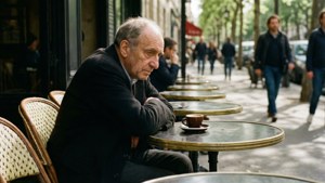 Foucault da solo in un caffè parigino, tazza di caffè, luce pomeridiana e passanti sfocati.