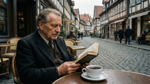 Heidegger lisant dans un café allemand, parfait pour des vibes littéraires et philosophiques