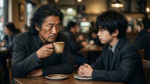 Sakamoto og Shin i en alvorlig samtale på en café.