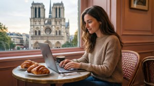 Emily Cooper arbejder på sin bærbare computer på en hyggelig parisisk café med croissanter og espresso