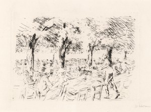 Cafe by Max Liebermann, in etching in black on wove paper. Download this artwork as a high-resolution wallpaper for desktop, tablet, or mobile.