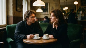 Intim kafébakgrunn med Jesse og Celine som deler dyp samtale i Wien