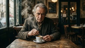Seniman menikmati momen tenang di kafe Paris dengan espresso