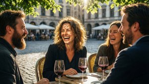 Een impressionistische buitencaféscène waarin Dorothea Lau lacht met vrienden.