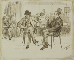 Café Scene by Charles Samuel Keene, created 1870/91, in Pen and brown ink, corrected with white gouache, on cream wove paper, laid down on ivory wove paper. Dow — Illustration Wallpaper