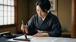 Kasumi Miwa practica caligrafía, combinando hechicería con arte tradicional.
