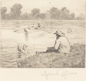 Calm Excursion by Hans Thoma, created 1919, in etching. Download this artwork as a high-resolution wallpaper for desktop, tablet, or mobile. — Hans Thoma Wallpaper