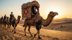 Et kongeligt kameloptog med en howdah-baldakin, der bevæger sig gennem sandklitter ved solnedgang.