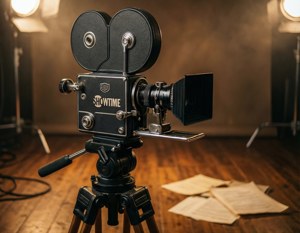 Vintage filmkamera med SHOWTIME-gravering på filmsæt