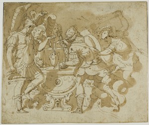 Camillus Attacking Brennus by Francesco Salviati, created c. 1550, in Pen and brown ink, with brush and brown wash, over traces of graphite, on ivory laid paper — Francesco Salviati Wallpaper