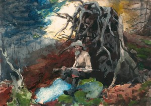 Campfire, Adirondacks by Winslow Homer, created c. 1892, in Transparent and opaque watercolor, with blotting and scraping, on thick, moderately-textured, ivory — Illustration Background