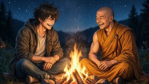Tamahome condivide un momento leggero con Chichiri accanto al fuoco.