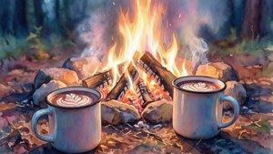 Een aquarel kampvuur met twee mokken cacao, zachte pasteltinten, nostalgische sfeer.