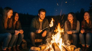 En person försöker rosta en marshmallow över en lägereld med vänner.