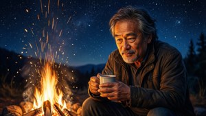 David Suzuki ved et bål under stjernehimmel, varmt bållys, filosofisk stemning