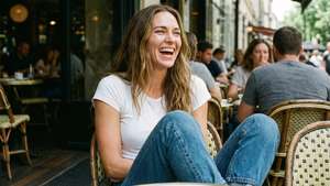 Gal Gadot laughing casually in jeans and t-shirt at an outdoor cafe