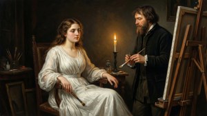 Adriaan de Lelie maler en kvinde ved levende lys i et svagt oplyst atelier.