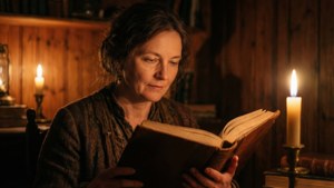 Marie-Anne-Hyacinthe Hortemels lukee kynttilänvalossa viihtyisässä vintage-sisustuksessa, jossa on lämpimiä meripihkan sävyjä.