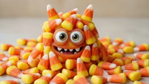 Ett sött monster gjort av candy corn omgivet av godis.