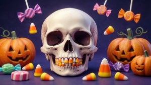 A cute skull with candy corn teeth and pastel Halloween treats. — Cute Skull Wallpaper