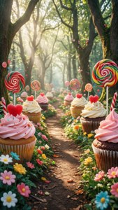 A magical path through the candy forest with cupcakes and lollipops.
