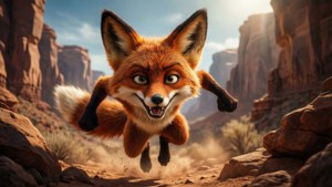 Uma cena de ação aventureira do mascote da Fox Kids saltando por um desfiladeiro acidentado.