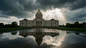 Capitole de l'État du Minnesota reflété dans une flaque d'eau avec un ciel dramatique
