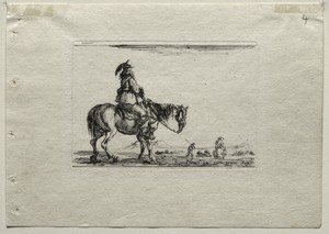 Caprices:  Mounted Cavalier by Stefano della Bella, created c. 1642, in etching. Download this artwork as a high-resolution wallpaper for desktop, tablet, or mo — Art Picture