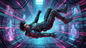 Et dynamisk digitalt illustrations tapet af en Capsuleer, der flyder på hovedet i et neon-datastrømskammer.