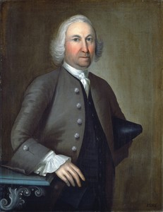Captain Isaac Foster by Joseph Badger, created 1755, in oil on bed ticking. Download this artwork as a high-resolution wallpaper for desktop, tablet, or mobile.