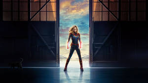 Captain Marvel stands in a hangar doorway with a cat nearby. — Captain Marvel Computer Picture