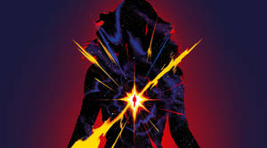A hooded figure with a star-filled torso and yellow energy beams radiating outward against a red and blue gradient background.