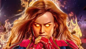 A powerful female superhero with glowing eyes and fiery hair against a starry space backdrop.
