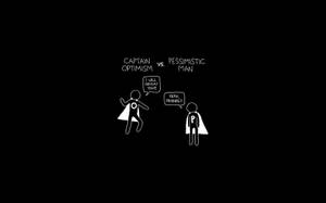 Two stick figures in capes debate optimism versus pessimism with speech bubbles. — Optimistic Picture
