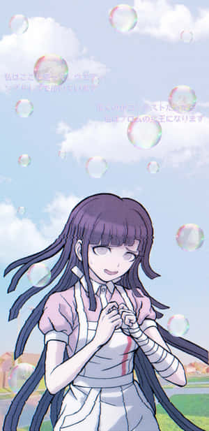 Anime girl with purple hair smiling among floating bubbles in a sunny outdoor scene. — High Tech Wallpaper